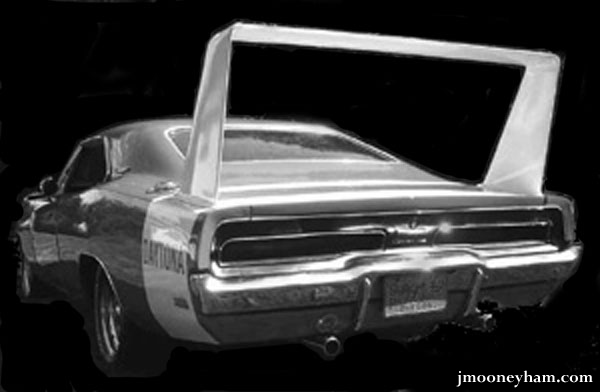 Rear tail end of a winged 1969 Dodge Charger Daytona
