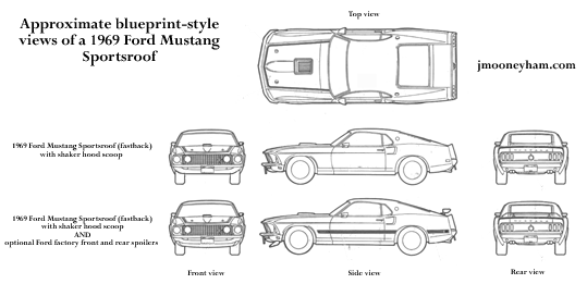 Rough blueprint-style views of a 1969 Ford Mustang Sportsroof automotive body