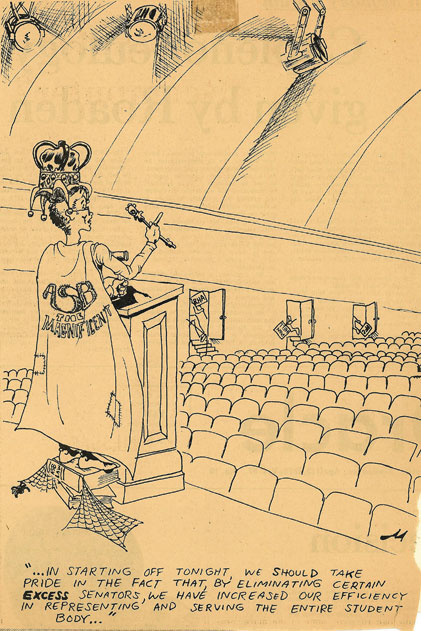 Cartoon depicting a political rift between various organizations on a college campus in the 1970s.