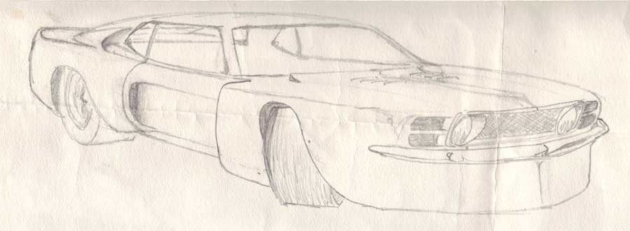 Concept sketch for extra-wide fendered car to accommodate racing slicks