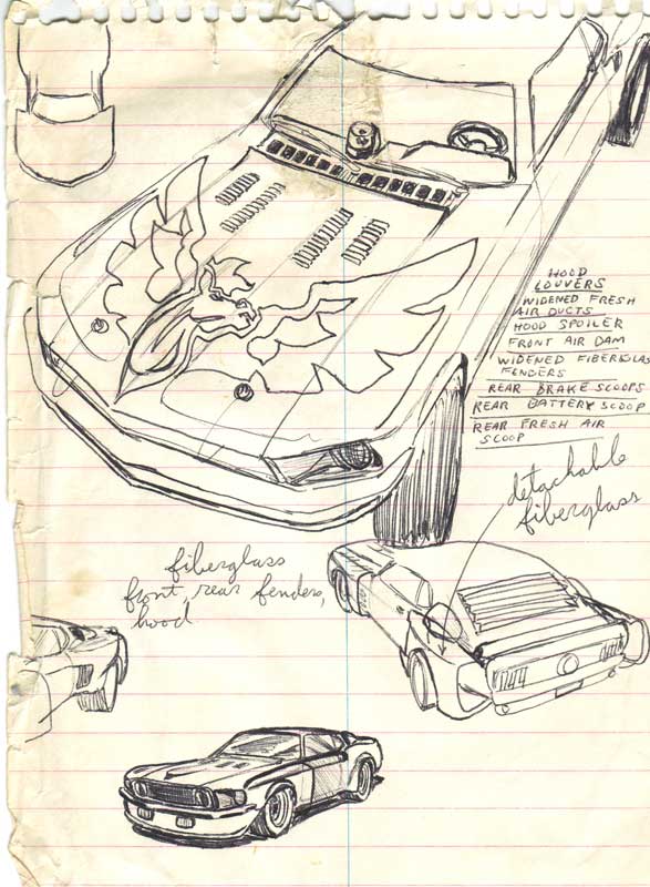 Concept sketch of 1969 Mustang customized with winged stallion hood decal, louvers, and fiberglass fenders.