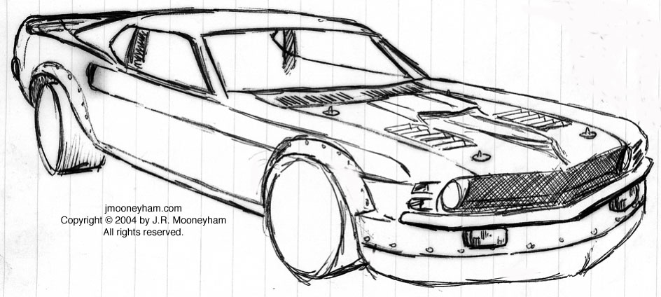 A concept sketch close to the final product regarding a custom 1969 Ford Mustang Mach 1 supercar