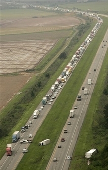 Interstate highway traffic jam, aerial view