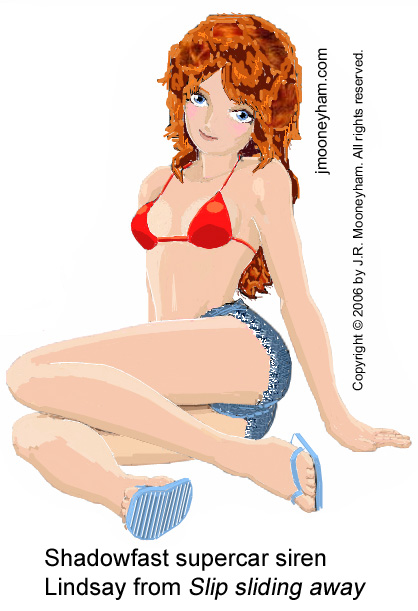 Femme fatale Lindsay Finch, stunning red-headed teenage girl in red bikini top and short shorts