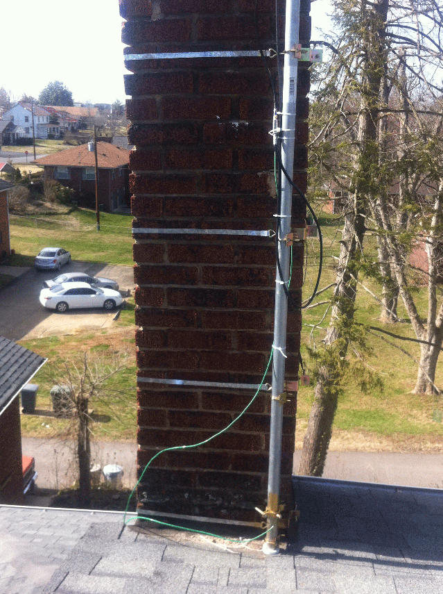 Close up photo of lower TV antenna mast, chimney straps, and grounding clamps