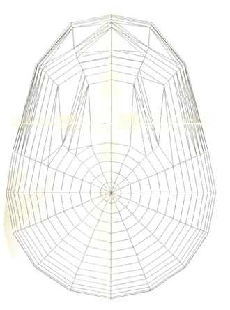 Wire-frame top-view of an immense time-traveling spacecraft from the future
