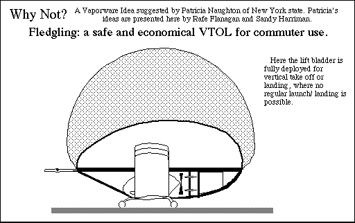 Conceptual drawing of Fledgling showing a side view of the lift bladder fully deployed for vertical take off or landing where no taxi-style alternatives are possible.