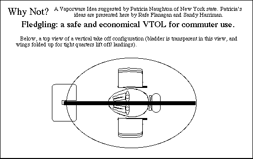 Conceptual drawing of Fledgling showing a top view of the lift bladder fully deployed for vertical take off or landing where no taxi-style alternatives are possible.