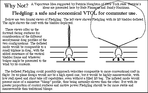 Conceptual drawing of Fledgling, two front views: one with lift bladder collapsed, one with bladder deployed. These also show the very different forward facing aerodynamic profiles available with the craft.
