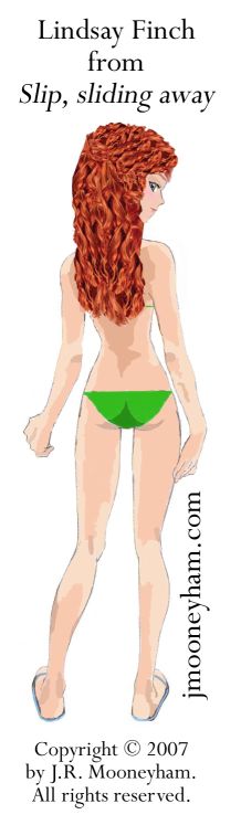 Lindsay Finch, pretty young redhead in a green bikini, looking back.