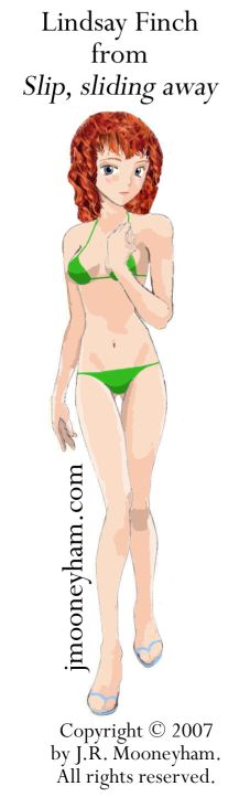 Lindsay Finch, pretty young redhead in a green bikini.