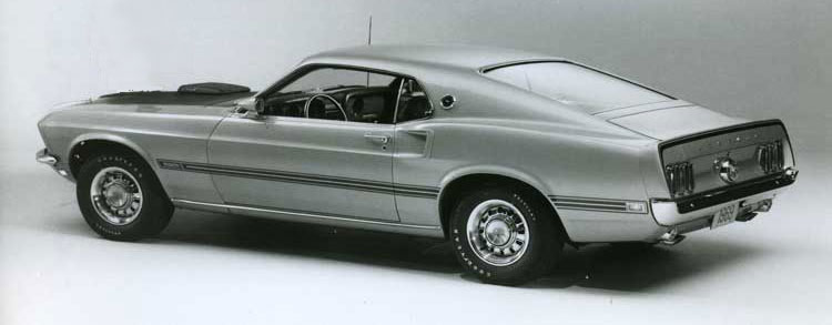 Silver 1969 Ford Mustang Mach 1 with shaker scoop