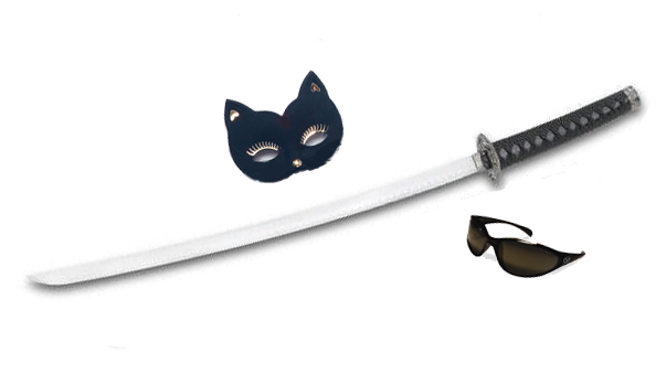 A sword, a mask, and sunglasses
