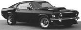 Thumbnail image of a black 1969 Ford Mustang Mach 1 with front spoiler and 429 Boss hood scoop.