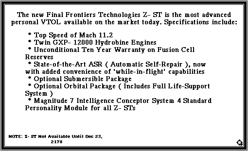 Future ad fantasy specifications for a personal VTOL (vertical-takeoff-or-landing) spacecraft